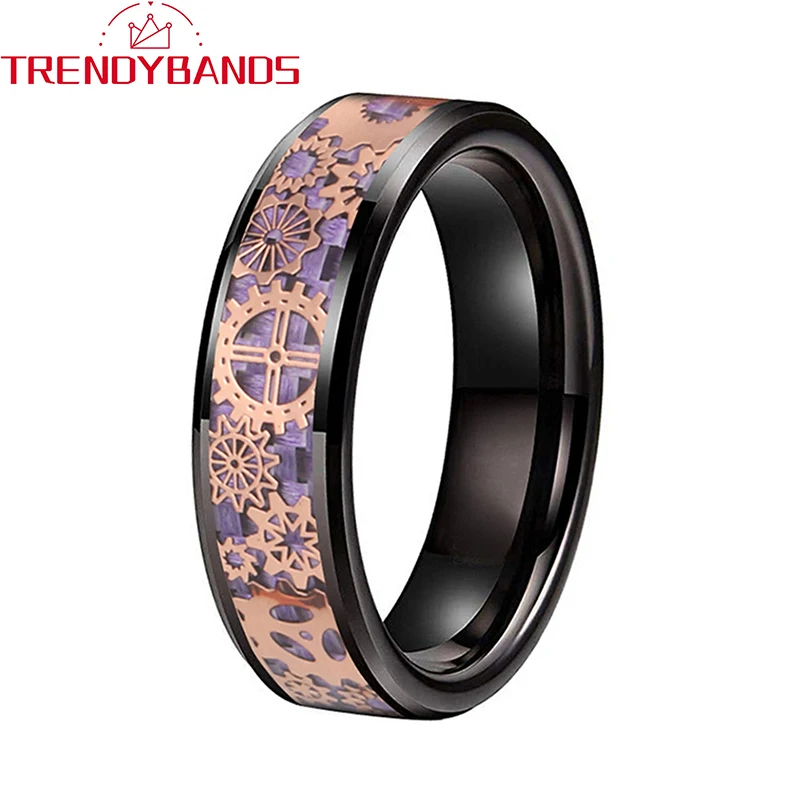 

6mm Black Tungsten Wedding Band For Women Men Rose Gold Gear Purple Carbon Fiber Inlay Comfort Fit