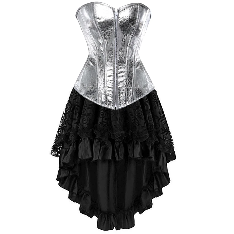 Кожаный корсет платье сексуальное бюстье топ юбка комплект Overbust Corselet молния