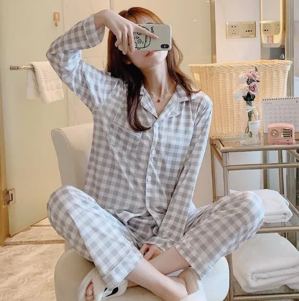 

Fashion plaid cotton sleepwear women pajamas set spring autumn women's nightwear pijamas home suit new pyjama femme