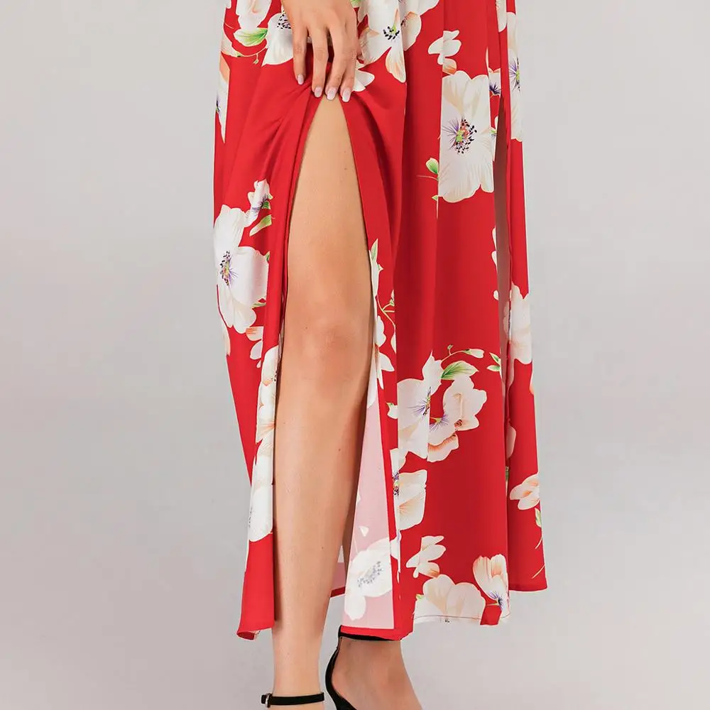 Летнее красное пляжное платье с принтом женское сексуальное длинное на