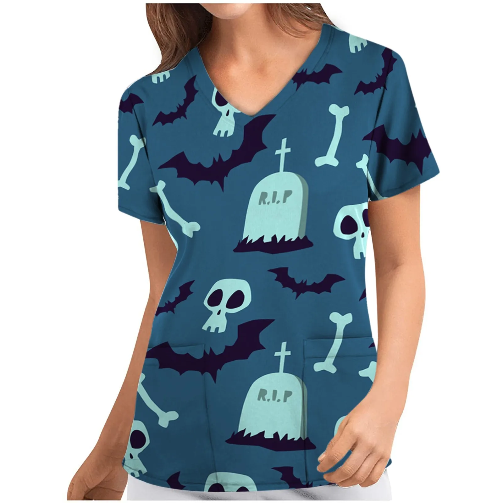 Женская медицинская Униформа с коротким рукавом принтом черепа|Униформа