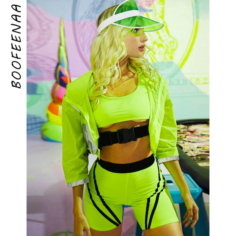 BOOFEENAA сексуальный ярко зеленый женский топ с пряжкой спереди и велосипедные