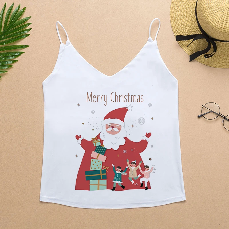 

Sexy Spaghetti Crop White Tank Top Women V-neck Casual Print Sleeveless Christmas Shirt Camisoles Casual Tops Mujer Haut Femme