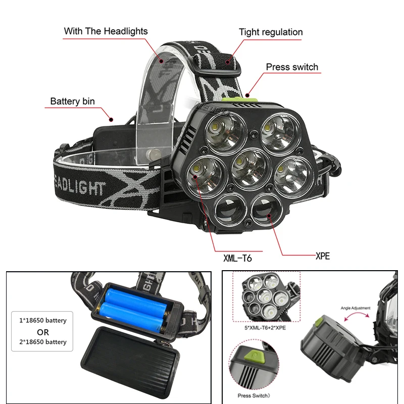 USB Мощный светодиодный налобный фонарь 5 * XML T6 2 XPE Перезаряжаемый 18650