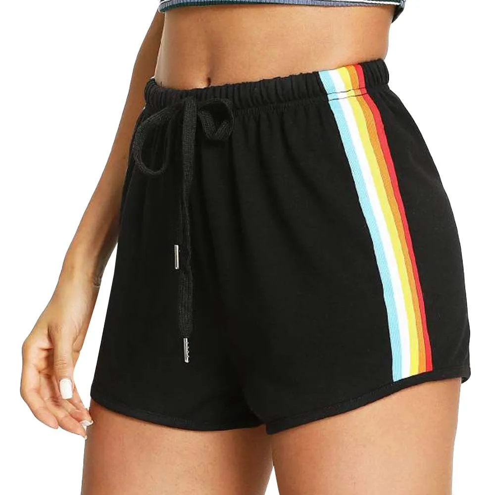 

2021 Women High Waist Yoga Shorts Rainbow Print Soft Breathable Sweat Sport Short Scanties Elastic Female Running Shorts Top