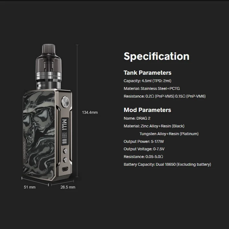 Оригинальный VOOPOO DRAG 2 Platinum Refresh Kit 4 5 мл PNP Pod Vape Tank с 177 Вт Mod Box No 18650 Battery VM5 VM6 Coil Vaporizer |