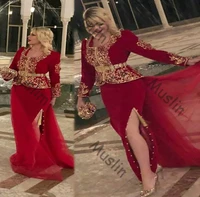 karakou algerien red kaftan evening dresses with gold appliques 2021square neck long sleeve prom dress vintage formal dresses