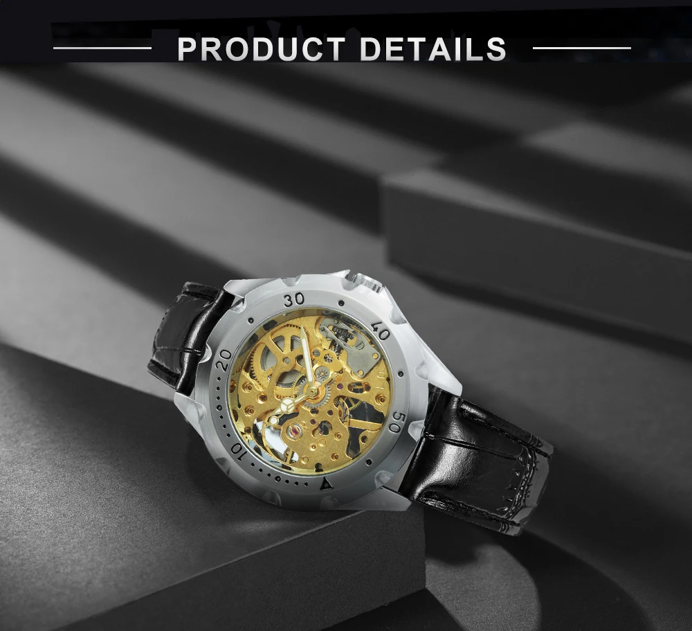 Мужские механические часы JARAGAR армейские с кожаным ремешком и золотым скелетом