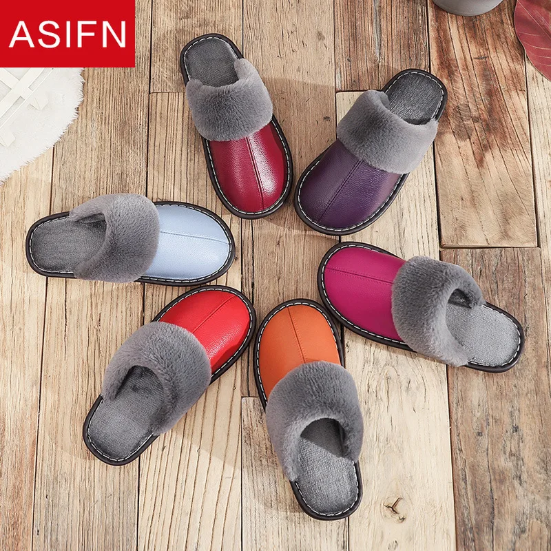 

ASIFN Winter Home PU Leather Slippers for Men Women Waterproof Warm Fur Mules Male Couple Platform Shoes Fluffy House Slippers