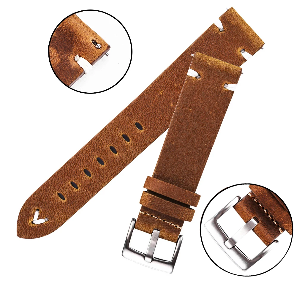Leather Watch Strap Retro 18mm 20mm 22mm Oil Wax Leather Watchband Italian Quick Release Brown Cowhide Watch Bracelet Handmade