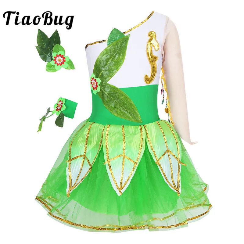 

TiaoBug Kids Girls One Shoulder Long Sleeve Sequins Trim Green Mesh Tutu Ballet Dress Set Child Stage Performance Dance Costume