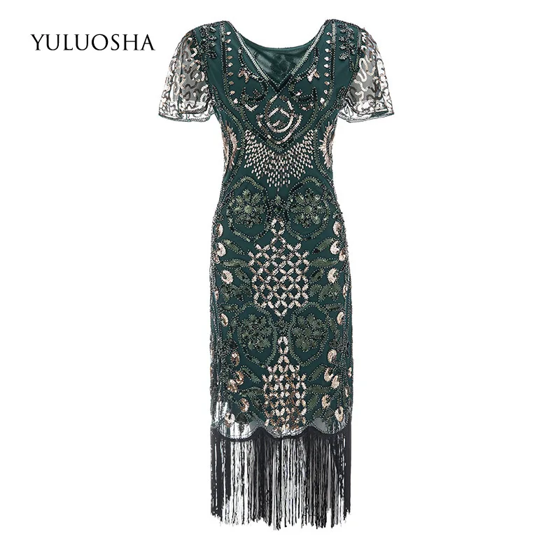 

YULUOSHA Vintage Prom Dress Knee-Length V-Neck Beading Sequined Tassel Dresses Woman Party Night Vestidos De Fiesta Plus Size