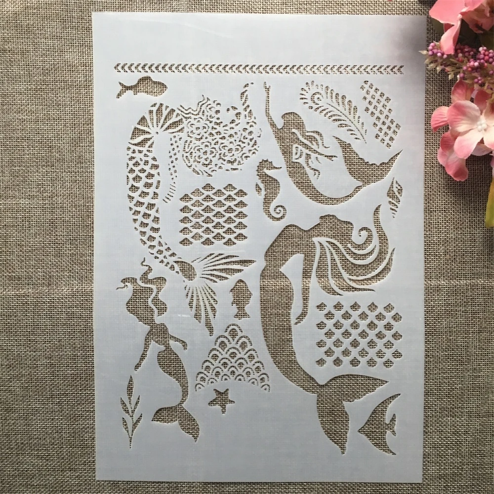 

A4 29cm Mermaid Fish Girls DIY Layering Stencils Wall Painting Scrapbook Coloring Embossing Album Decorative Template