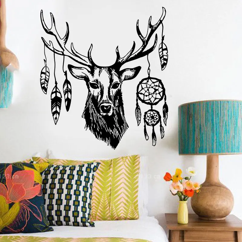 

Vinyl Wild Animal Decal Deer Head Dream Catcher Wall Stickers Bedroom Living Room Furniture Fashion Decorative Stickers bm01