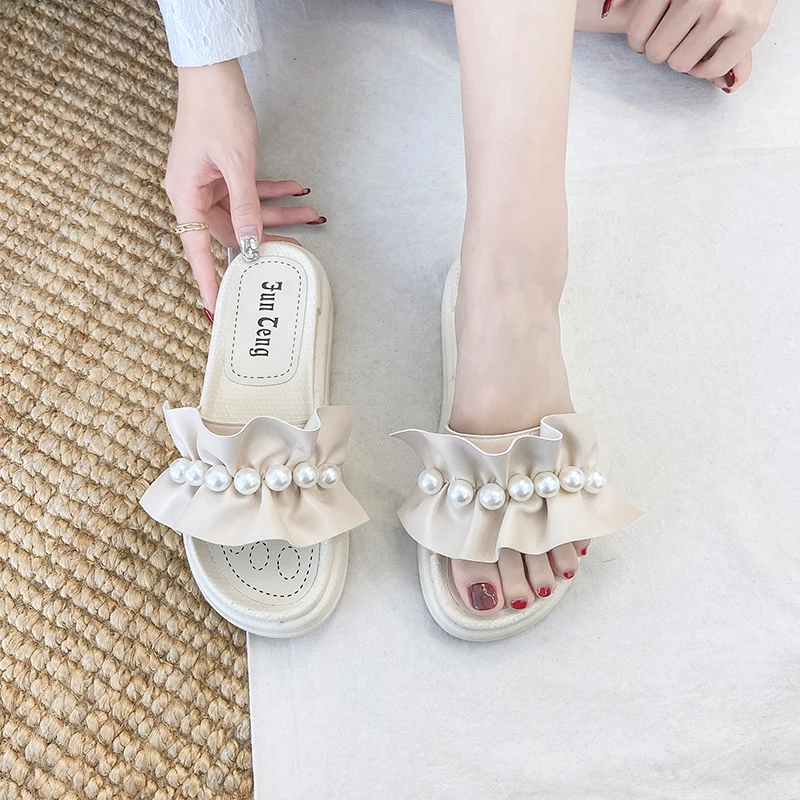 

Female Shoes Med String Bead Womens Slippers Outdoor Luxury Slides Platform 2021 Flat Summer Designer Rubber PU Shoes Woman's Sl