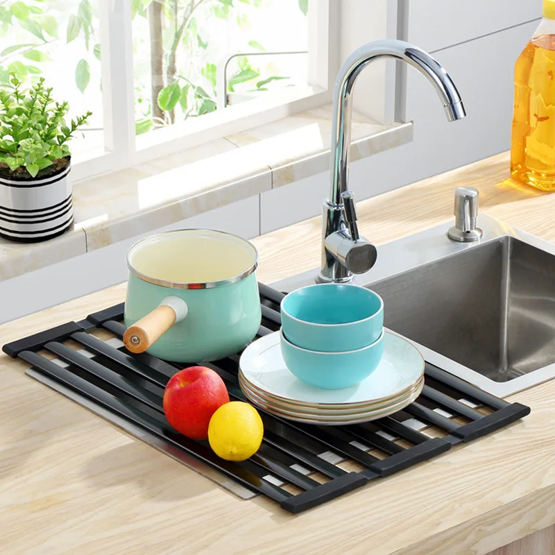 

Kitchen Foldable Dish Drainer Sink Dishes Drainer Rack Space Aluminum Silicone Fruit Vegetable Draining Dish Drain Rack For Sink