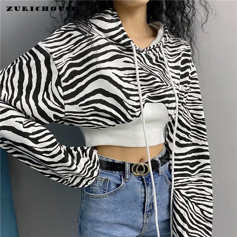 

ZURICHOUSE Women's Spring Pullover Tops Hooded Sportswear Sweatshirt Streetwear Sexy Slim High Waist Zebra Striped Hoodies