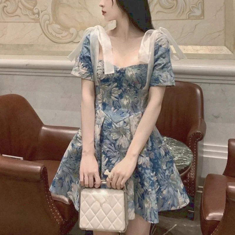 

Print Sexy Party Mini Dresses Lace-up Elegant Korean Fashion Summer Clothes for Women Short Sleeve Beach Designer Vintage Dress