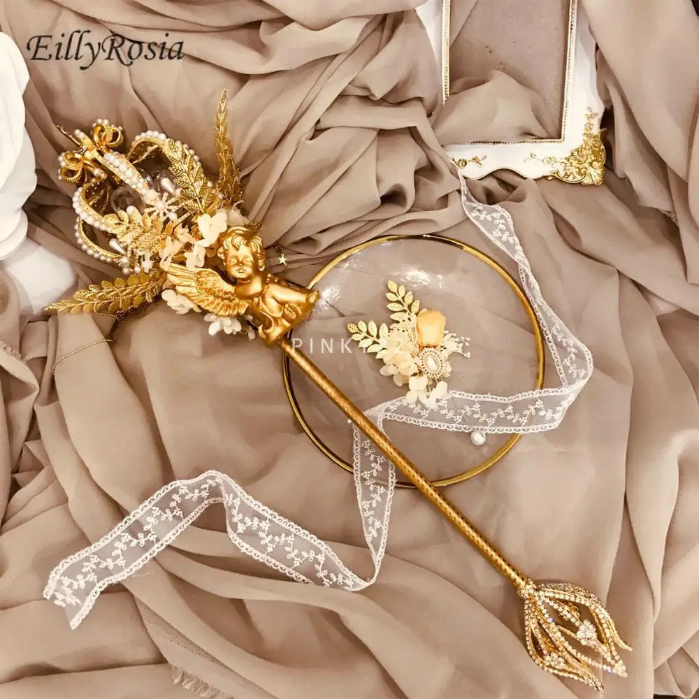 Золотой свадебный скипетр EillyRosia с цветами Хрустальная корона европейская
