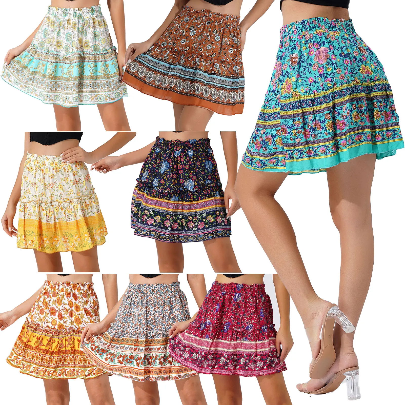 

TiaoBug Summer Women Boho Pattern Print Skirt High Waist Elastic Waistband Ruffle Hem Above Knee Length A-Line Skirt