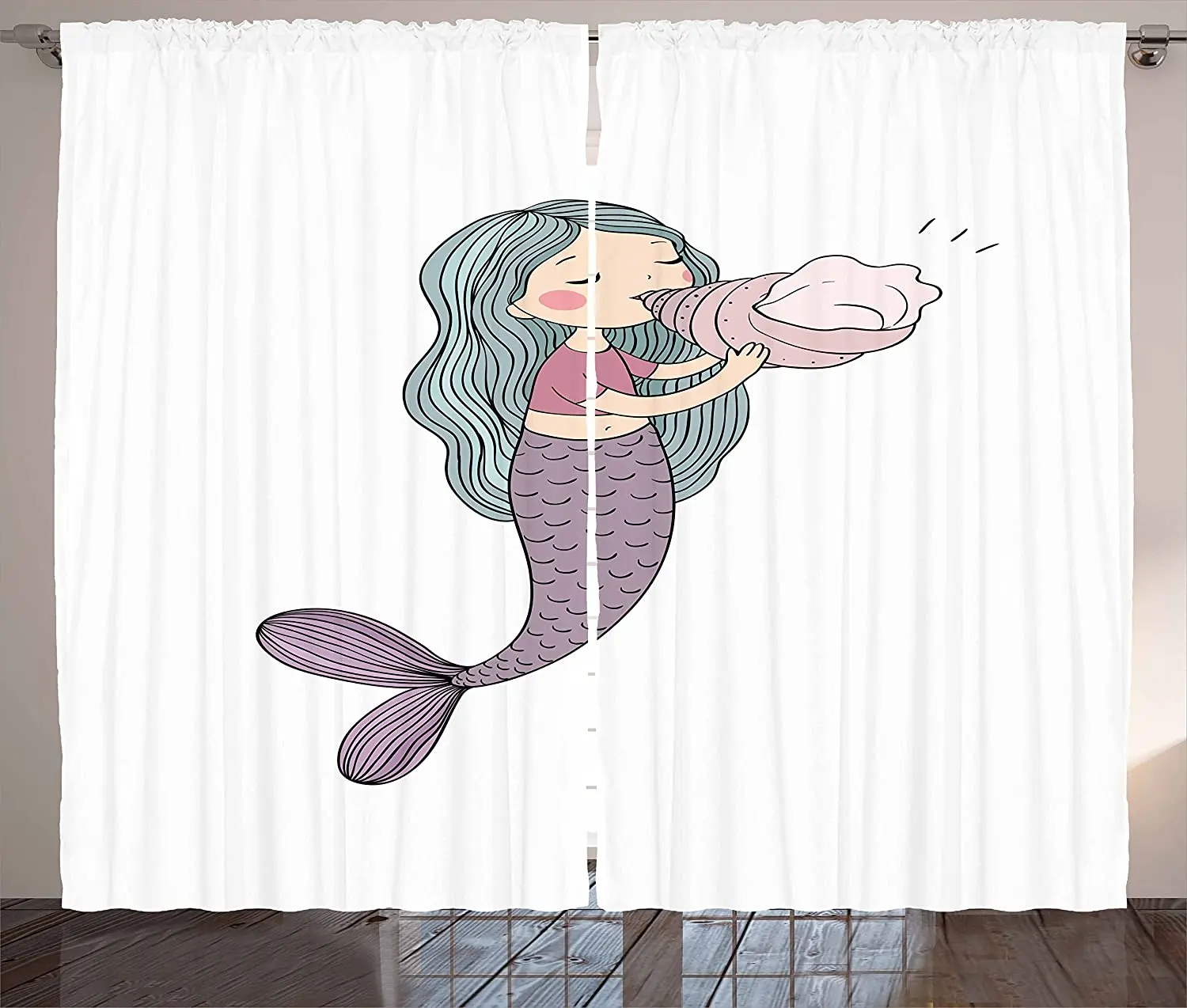 

Mermaid Blackout Curtains Fairytale Character with a Seashell Mythological Underwater Cheerful Childhood Window Curtain