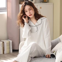 2021 new 100 cotton pajama set for women pj white pijama turn down collar nightwear cotton sleepwear women stripe pyjama femme
