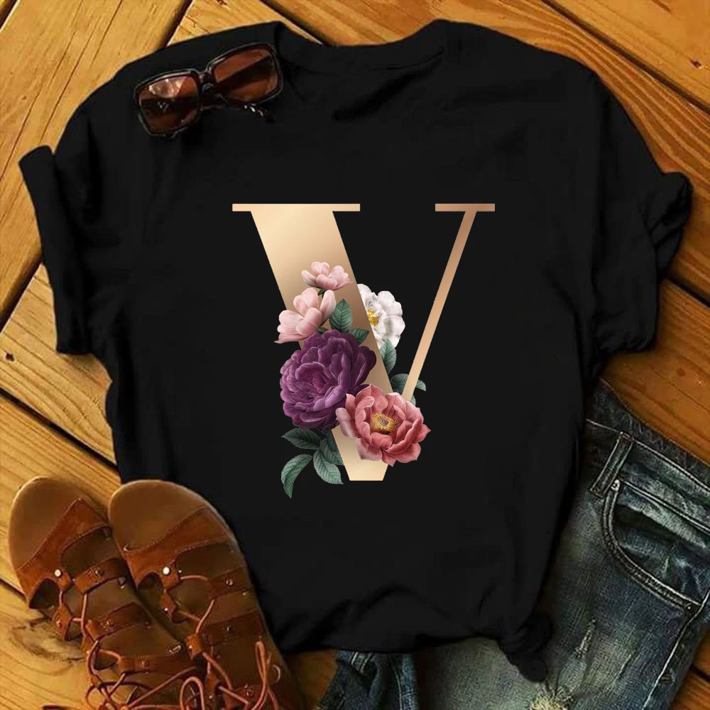

ZOGANKIN Harajuku Kawaii Graphic Printed Black T Shirt 26 Letter Flower Women T-shirts Fashion O-Neck Female Clothes Girls Tops