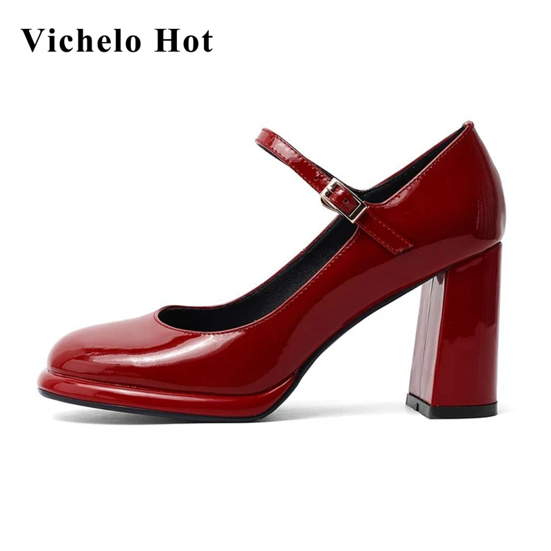 

Vichelo Hot limited customization large size patent leather round toe super high heels platform European style women pumps L9f1