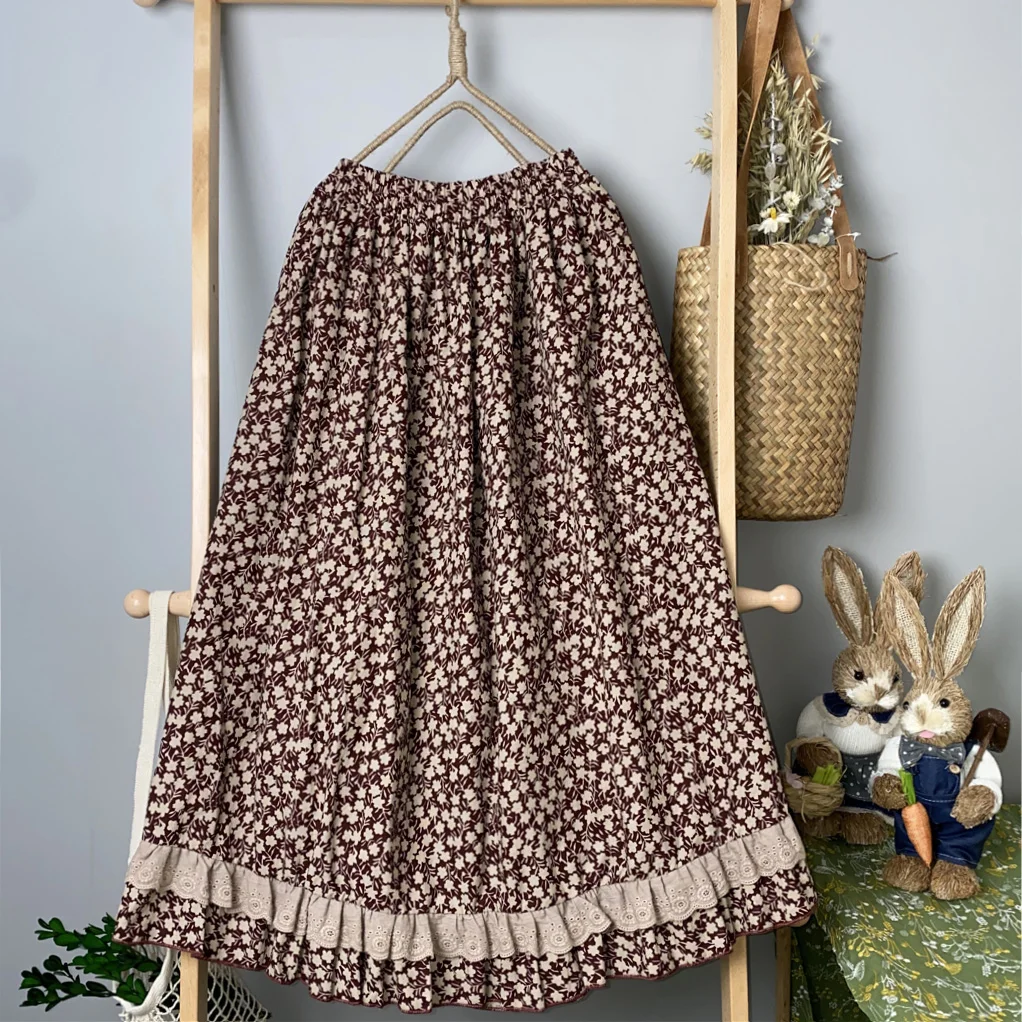 

Женская кружевная юбка в японском стиле Mori Girl, свободная юбка А-силуэта с цветочным принтом, новинка весны 2021