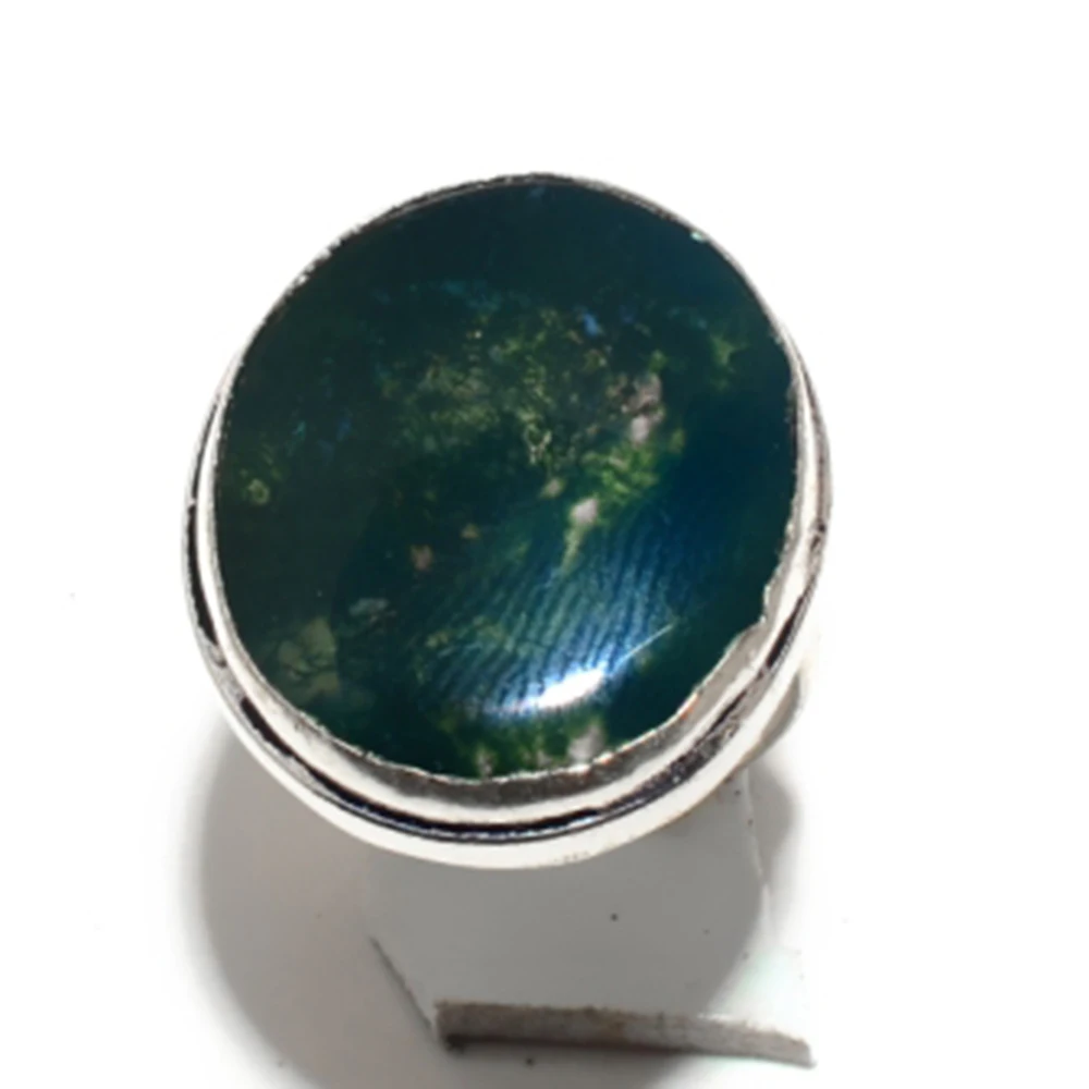

Genuine Moss Agate Ring Silver Overlay over Copper , Hand Made Women Jewelry gift , Size: 8