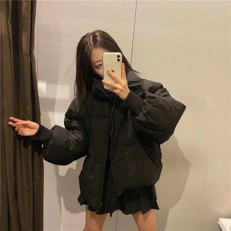 

Fashion Women Solid Stand Collar Winter Down Jacket Preppy Style Thick Zipper Pockets Oversize Ladies Chic Parkas Coats Female