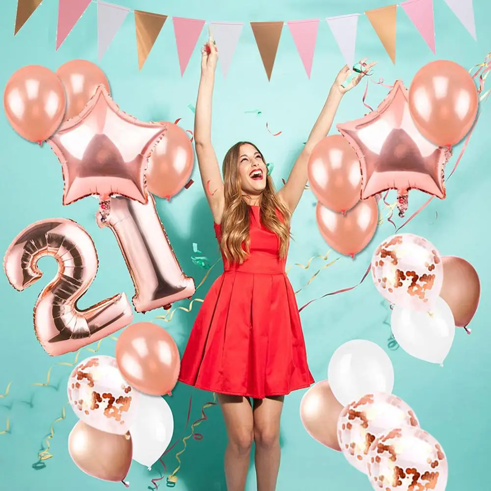 

27pcs Rose Gold 21st Birthday Party Decoration Kit Backdrop Door Curtain Banner Confetti Balloons Baby Shower Wedding Decor
