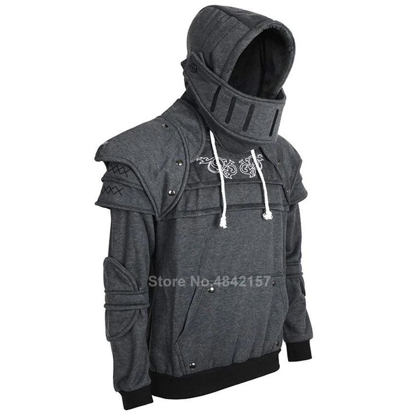 

Men Drawstring Masked Hoodies Carnival Medieval Warrior Rider Tops Hooded Samurai Ninja Carnival Cosplay Costumes with Elbow Pad
