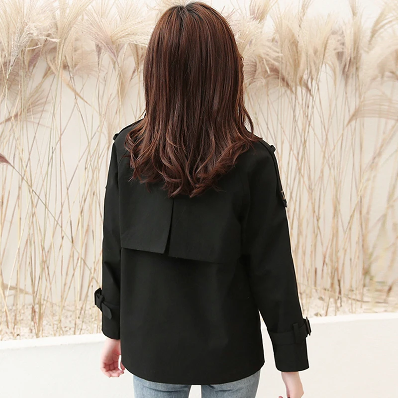 

Solid Short Autumn Spring Ladies Coat Turn Down Collar Woman's Jackets with Pockets Double Breasted Lady Tops for Female Outwear