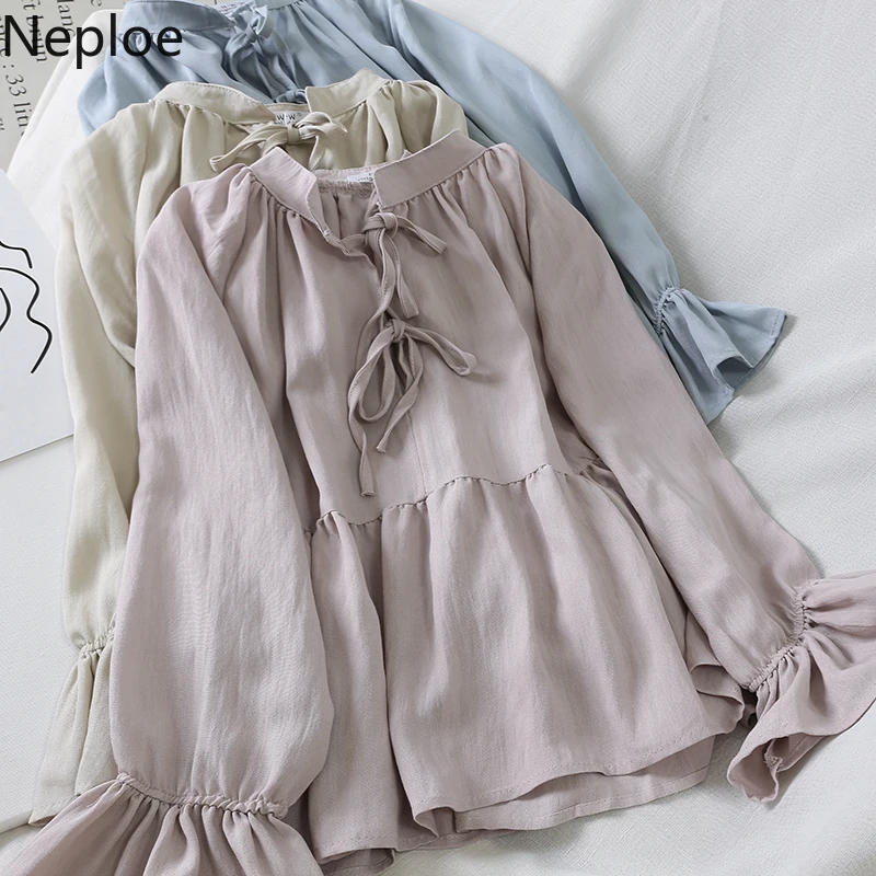 Neploe, Ретро стиль, свободная, однотонная, на шнуровке, с бантом, дизайнерская блузка, для женщин, с круглым вырезом, расклешенная, с длинным рукавом, Blusas Mujer, на осень и весну, праздничная, новая рубашка