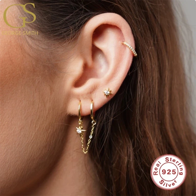 

GS 925 Sterling Silver Hoops Earrings Octagon Shape Huggie For Ladies Women Sparkling Zircon Earring Fine Jewelry Accessories