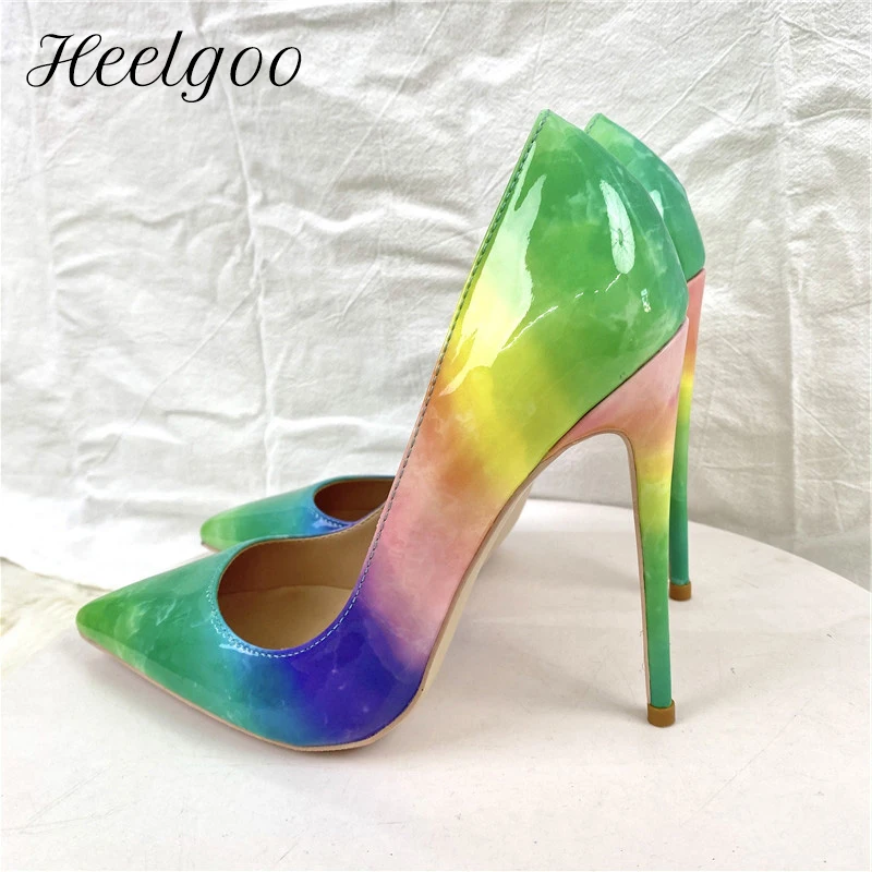 

Heelgoo Glossy Colorful Gradient women Pointy Toe 8cm 10cm 12cm High Heel Shoes African Ladies Sexy Stiletto Pumps Plus Size