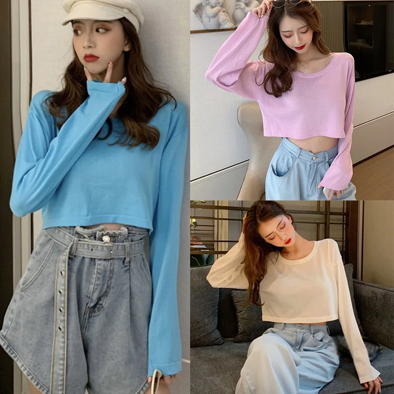

Women Clothes Ladies Autumn Short Sun Protection Shirt Crop Top Korean Style Loose And Thin Long-sleeved Knitted Blouse Solid