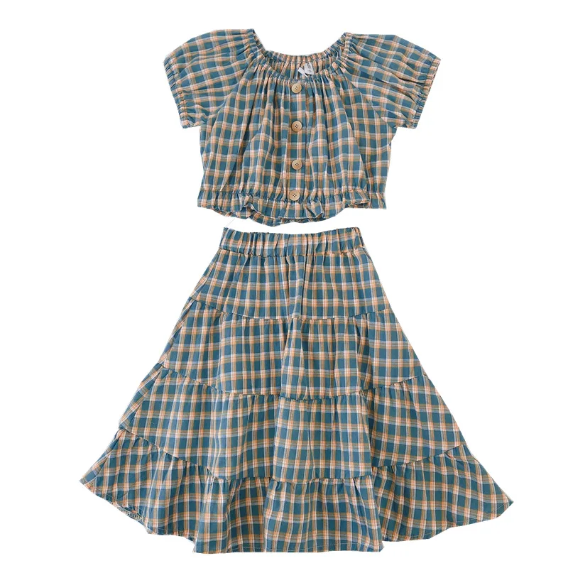 

2021 Girls Summer Plaid T Shirt + Skirt Dress 2Pcs Clothing Set Teenager Birthday Party Dresses Princess Kids Children Vestido