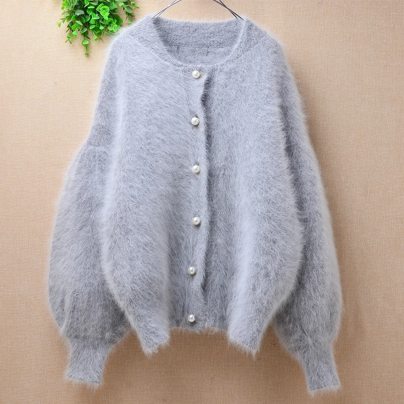 

female women fashion winter plush mink cashmere knitted long lantern sleeves loose oversized cardigan angora fur jacket coat top