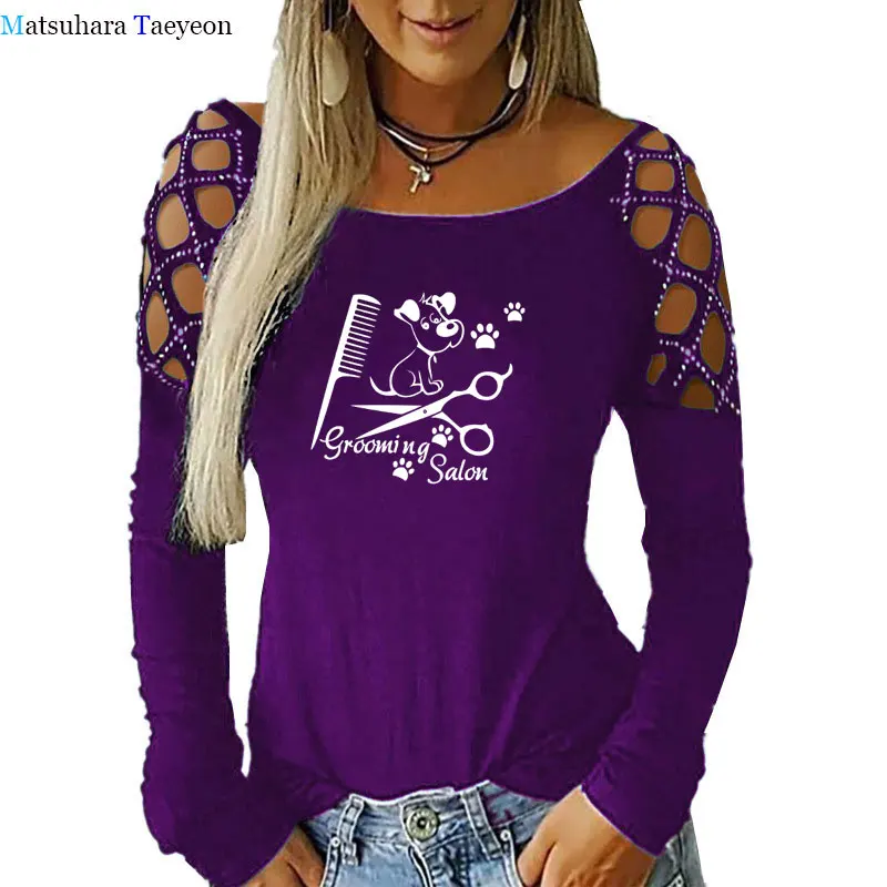 

Pet Grooming Salon Graphic T Shirts Fashion Autumn New Shirts for Women O-Neck Hollow Out T-Shirt Casual Womens Clothing Tee Top