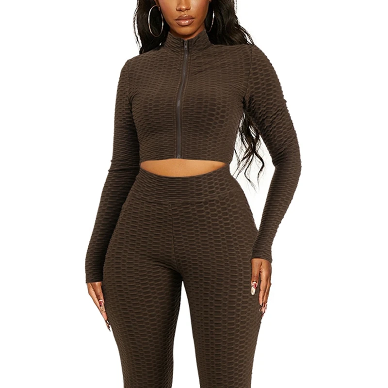 

2 Pieces Suit Set, Female Solid Color Long Sleeve Crop Tops with Zipper+ Long Pants for Spring Fall, S/M/L/XL