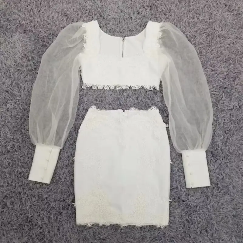 

2020 New women white lace two-piece long sleeve Bodycon Celebrity Evening Party Bandage Dress wholesale