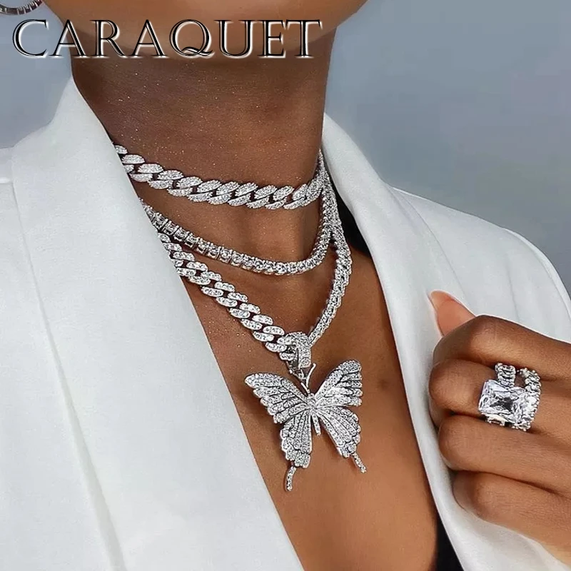 

Caraquet Full Rhinestone Cuban Choker Necklaces for Women Bling Crystal Big Butterfly Pendant Necklace Trendy New Party Bijoux