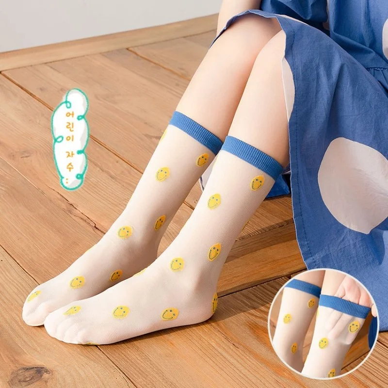 

2021 3 Pairs Baby Smile Socks Lace Children Knee High Long Sock Candy Color Girl Boy Flower Sock Lovely Infant Summer Socks 3-8Y