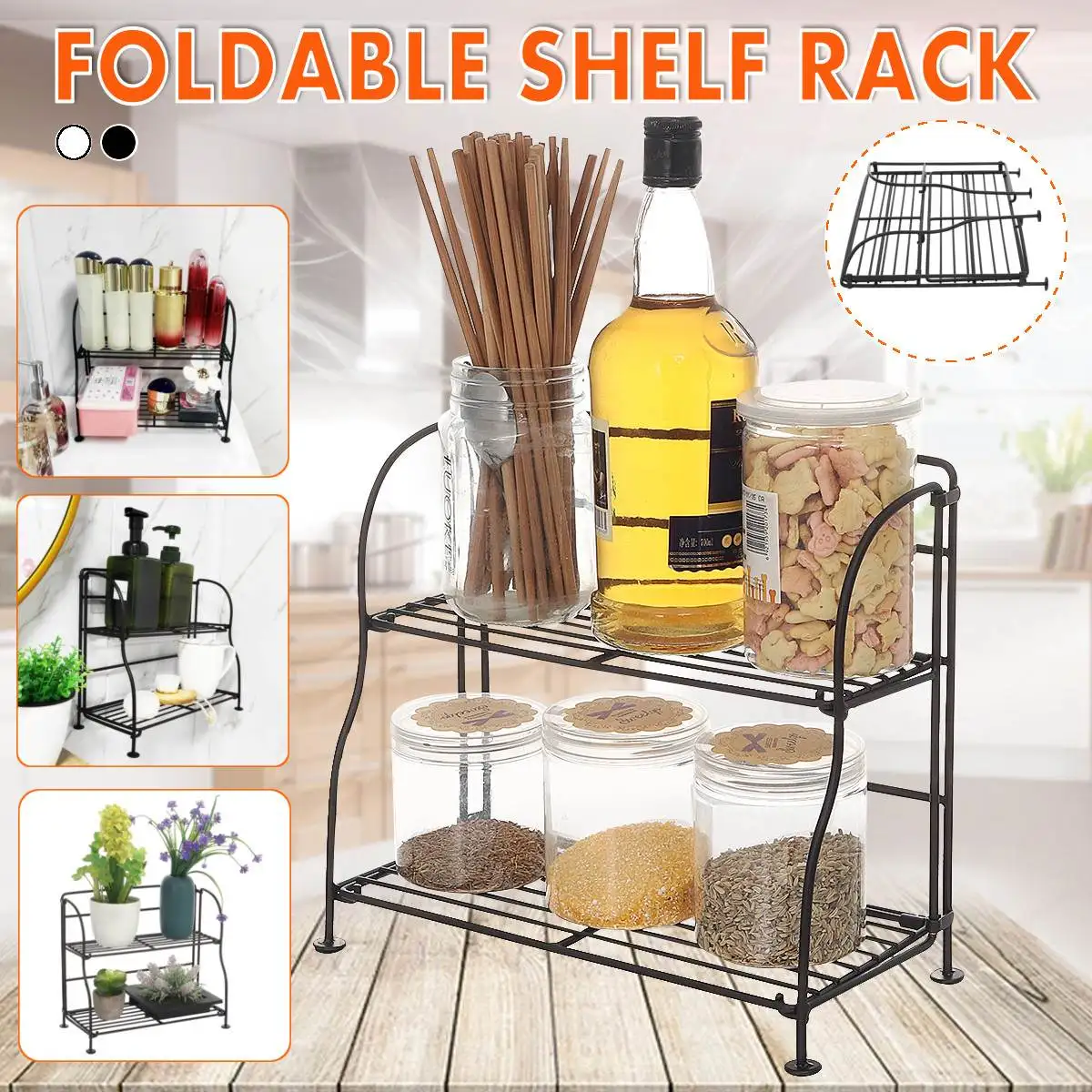 

2 Tier Kitchen Organizer Iron Storage Shelf Seasnoning Bottles Condiment Rack Organizer Holder Bathroom Desktop Plant Basket