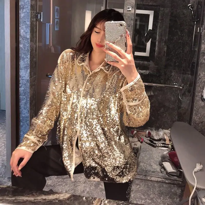 Осенняя Женская шикарная куртка с блестками пальто уличная одежда золото
