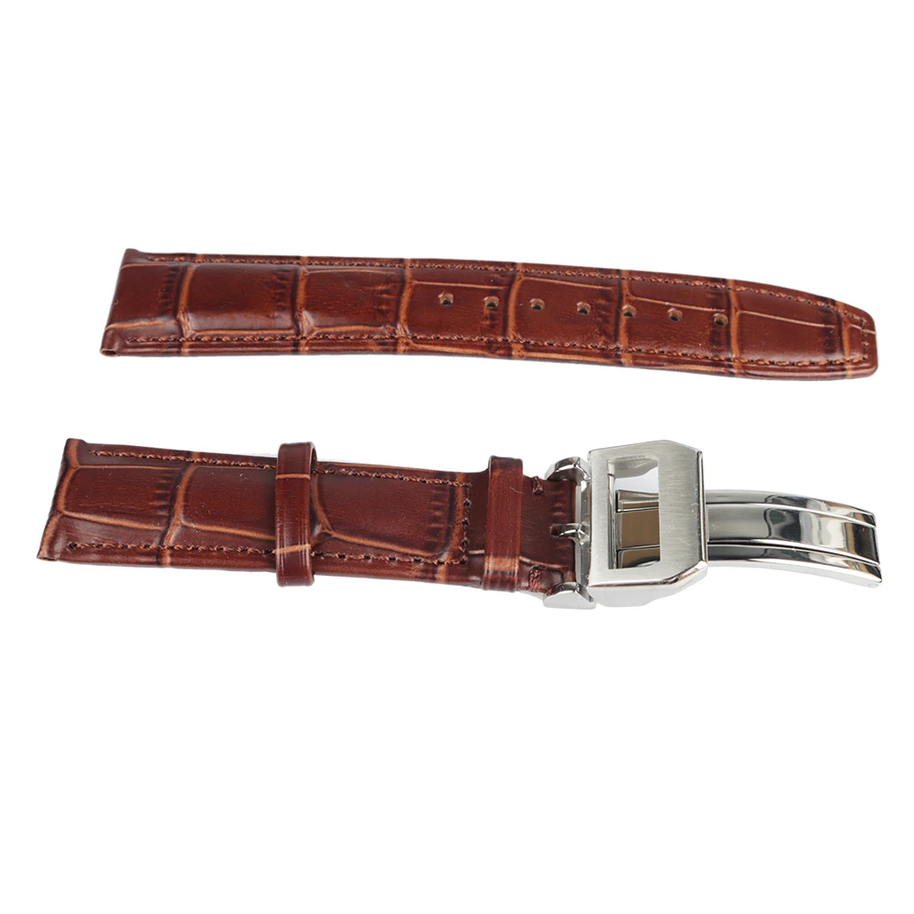 Rolamy  20 22mm  Real Calf Leather Black Brown Luxury Wrist Watch Band Strap With Silver Brushed Clasp For IWC Seiko Tudor