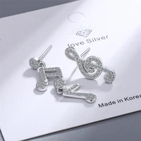 kofsac new full zircon temperament asymmetry musical note studs fashion ear jewelry 925 sterling silver earrings for women party