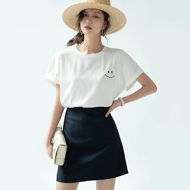 

Women's Loose Fit T-Shirts Tops Short Sleeve Crew Neck Casual Smiley Face Blouses Tops